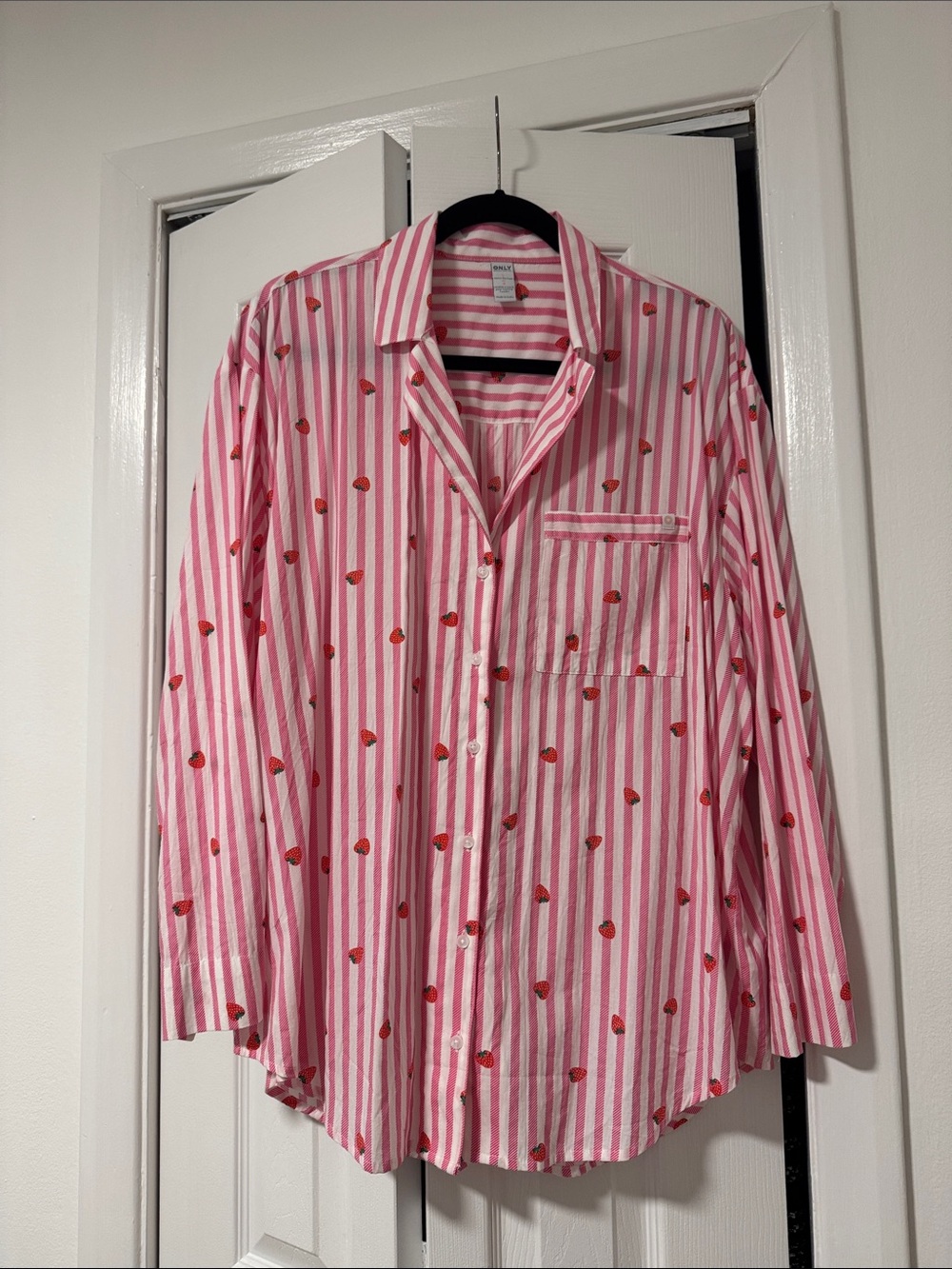 Old Navy Pink and White Striped Button-Down Shirt with Strawberry Print